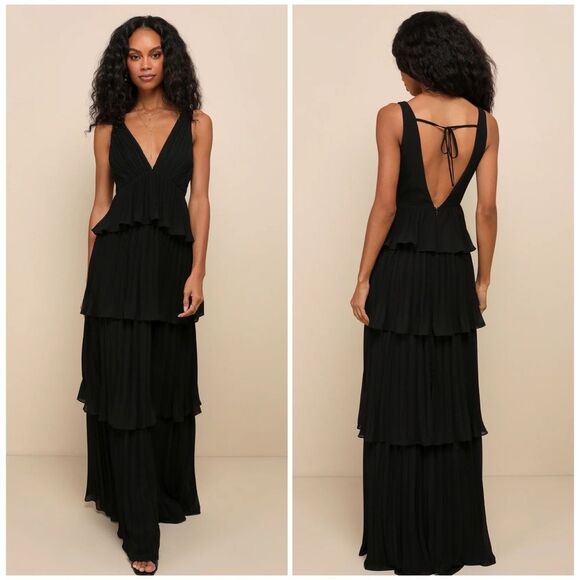Lulu's Dresses & Skirts - Lulus Mesmerizing Essence Black Pleated Backless Tiered Maxi Dress Size XS NEW